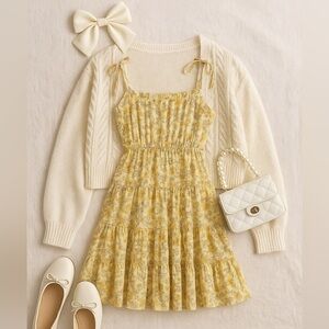 Anthropologie MINE Yellow Floral Tiered Sundress Cottagecore Picnic Dress, M